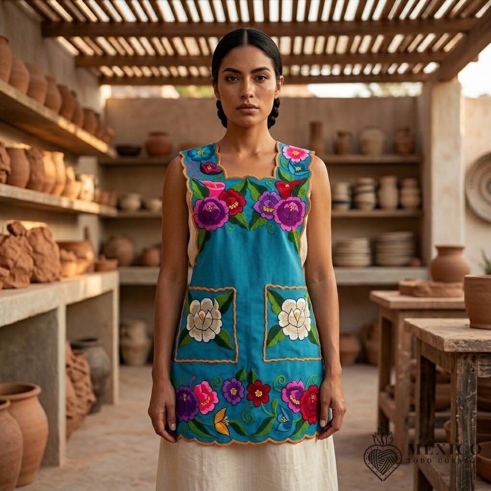 Blue Mexican Embroidered Apron Essential Cotton Kitchen Floral fits  S and M